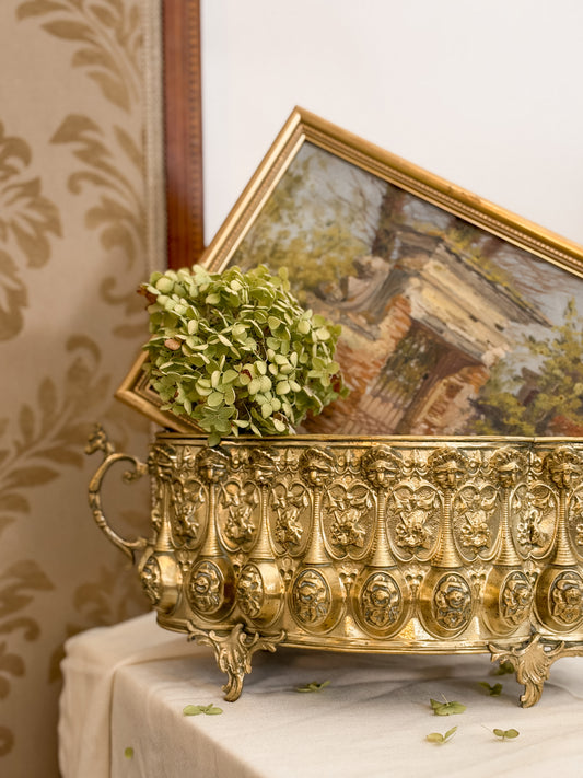 Antique French Ornate Repousse Brass Jardiniere with Figural Relief