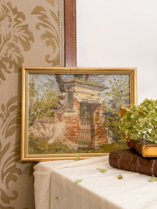 Antique European Oil Painting, Garden Gate by Pierre Capella
