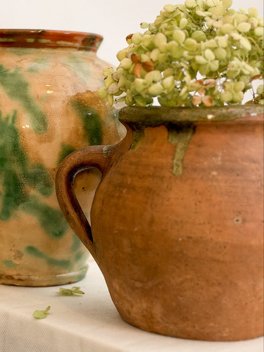 Antique French Terracotta confit with green drip & interior glaze