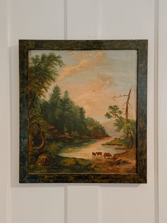 Antique Oil Painting on Tin | River Scene with Cows