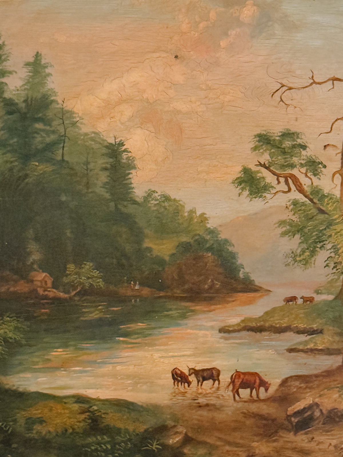 Antique Oil Painting on Tin | River Scene with Cows