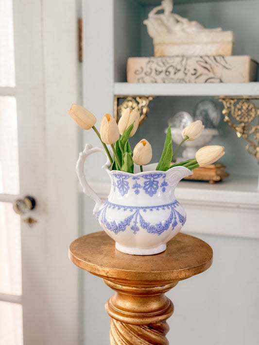 Antique Purple and White Ironstone Pitcher with Raised Floral Garlands