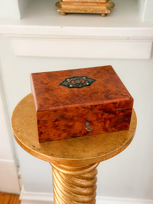 Antique French Burlwood Box with Blue Tufted Interior and Marquetry Detail