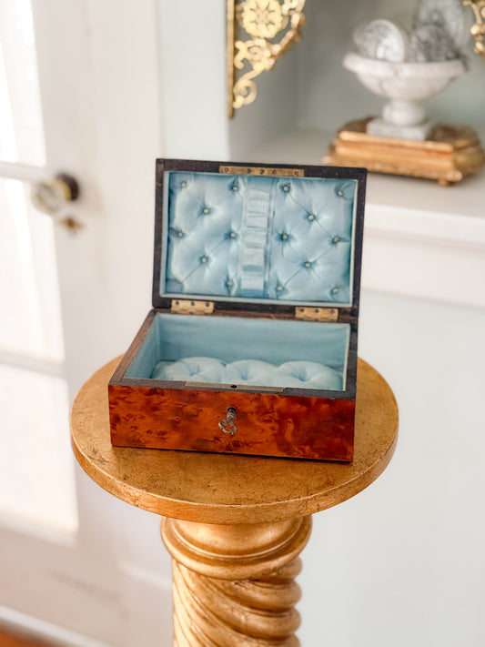 Antique French Burlwood Box with Blue Tufted Interior and Marquetry Detail