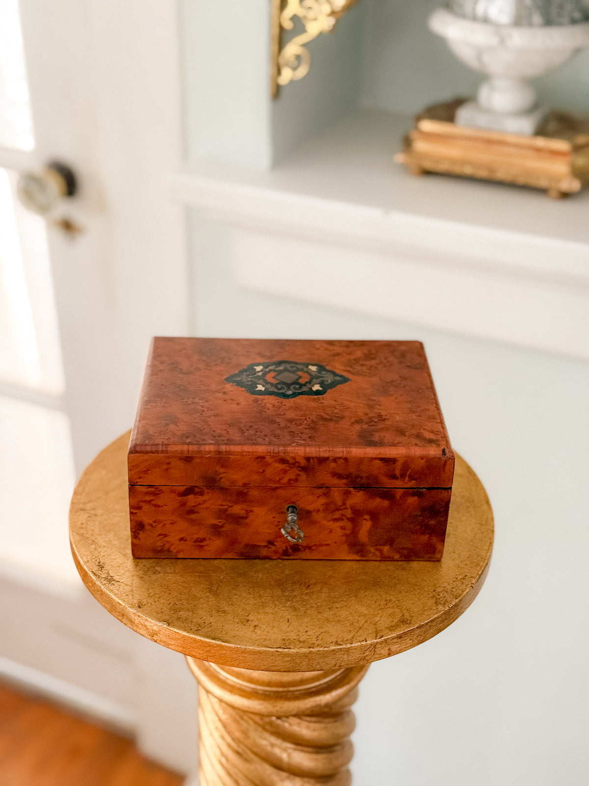 Antique French Burlwood Box with Blue Tufted Interior and Marquetry Detail