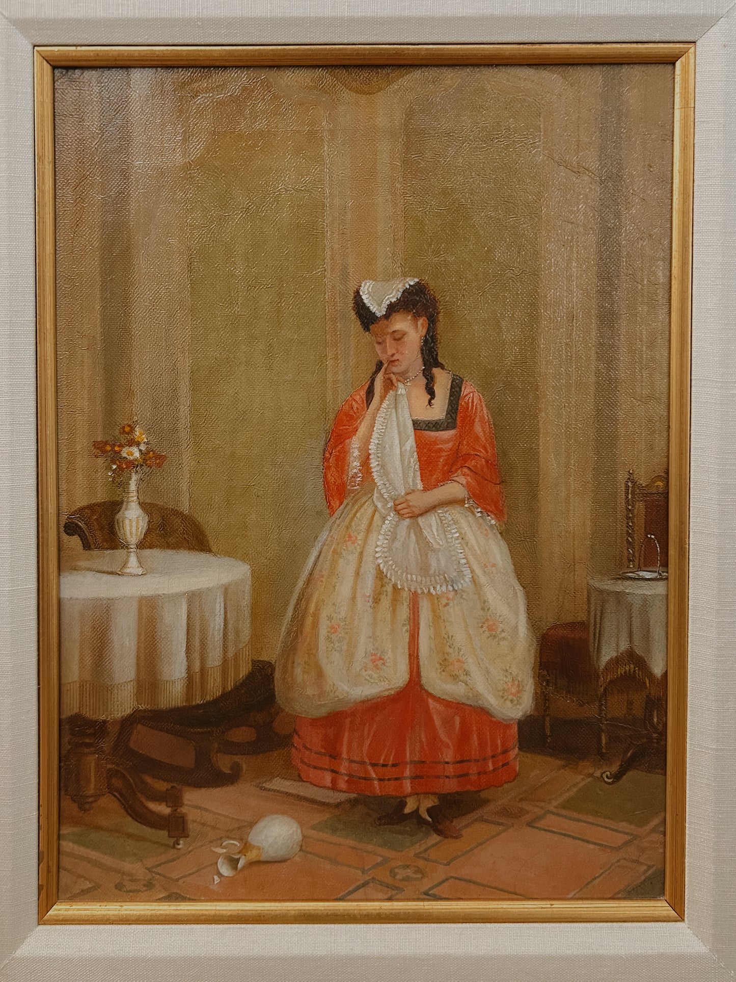"Fragments at her Feet" Antique 19th Original Oil Painting on Canvas