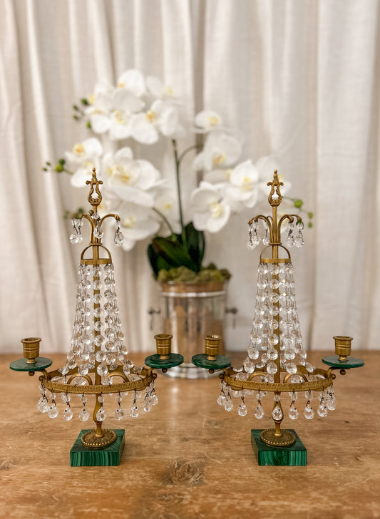 Pair of French Empire-Style Crystal and Malachite Candelabras