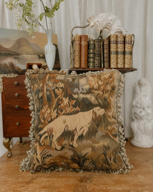 Aubusson Wool Tapestry Pillow | Hunting Dog