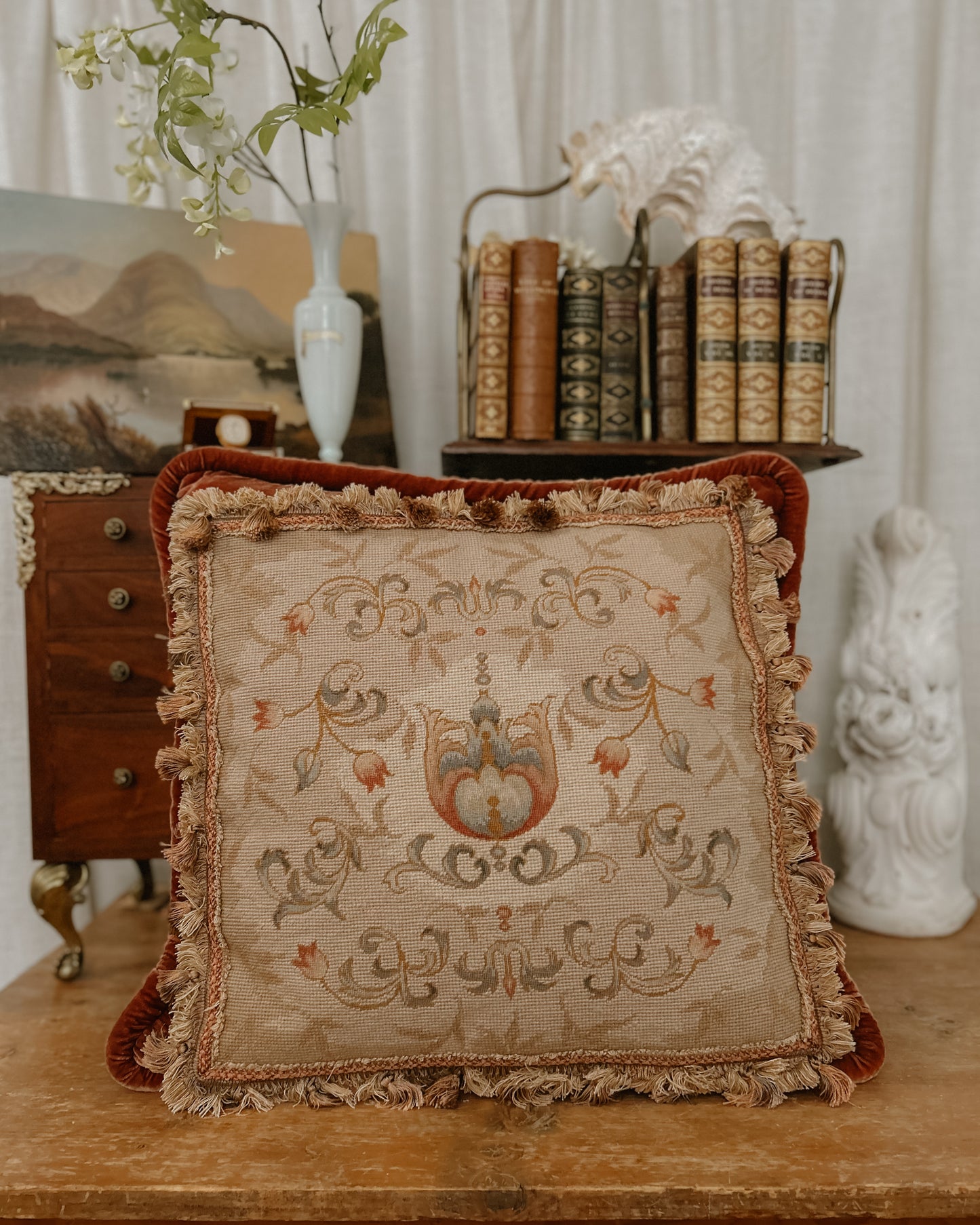 Vintage Floral Needlepoint Tapestry Pillow *small area of fabric separation on back