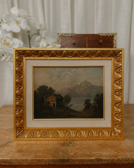 Antique Oil on Board | Cabin on the Lake