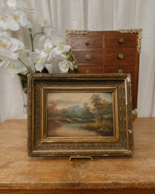 Antique oil on Board, River by the Mountains