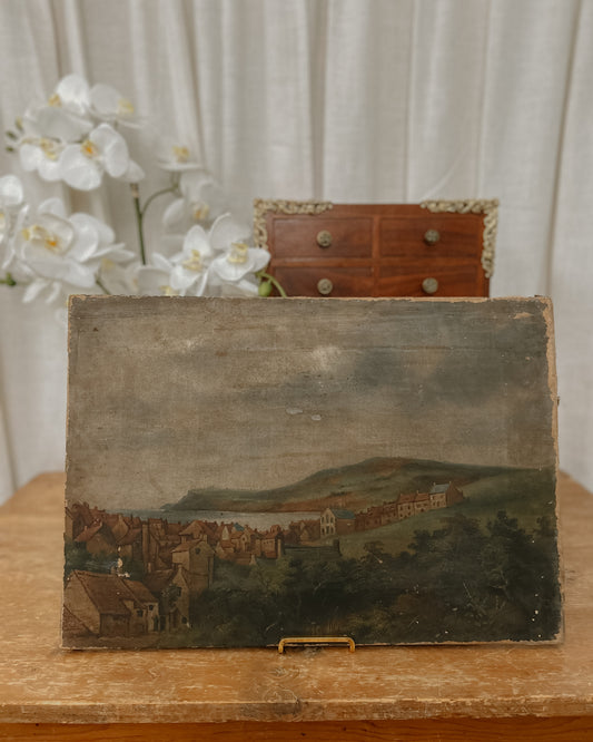 Antique European Sea Port Town Oil on Canvas