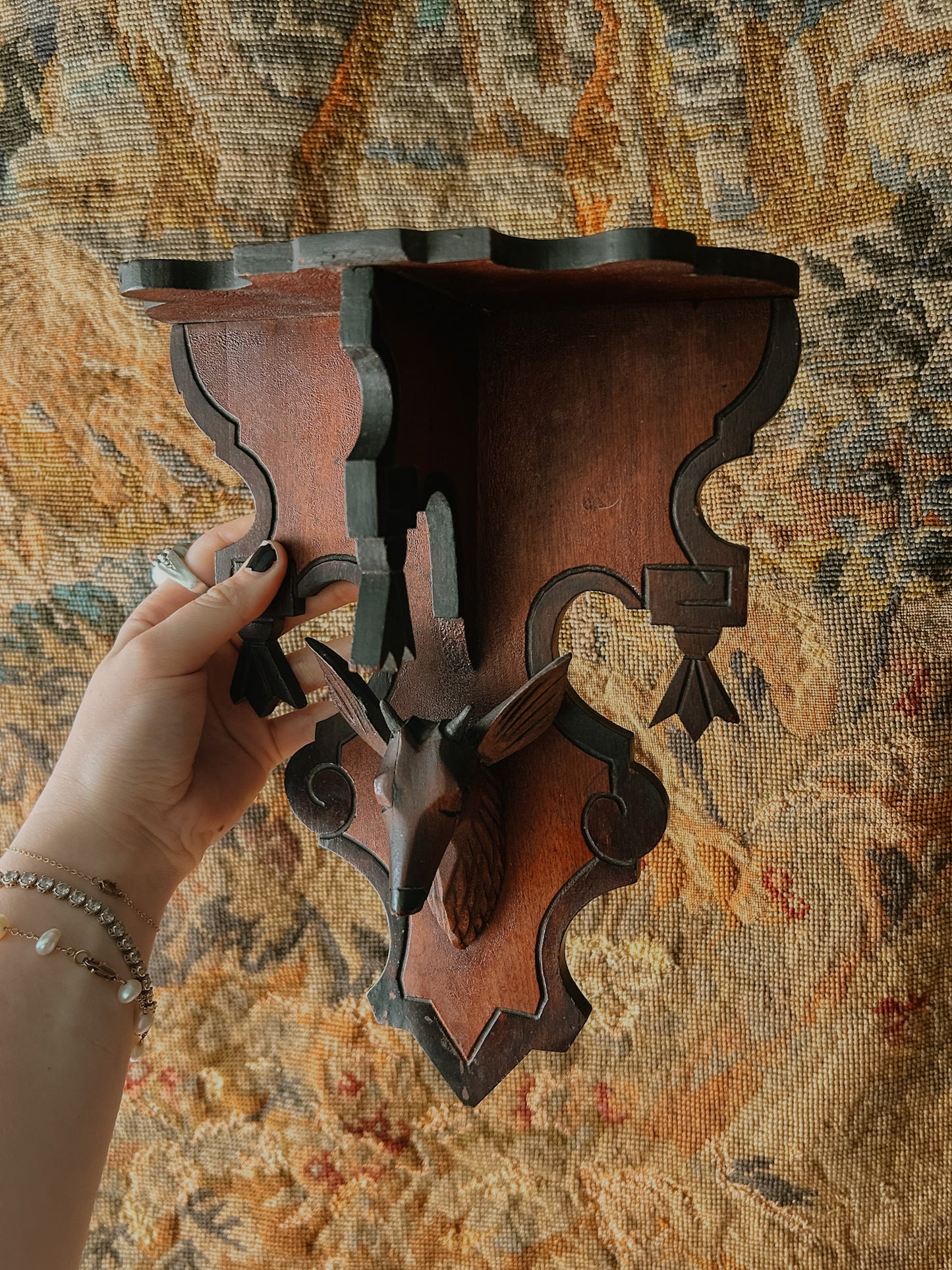 Victorian Carved Wood Shelf with Deer Motif