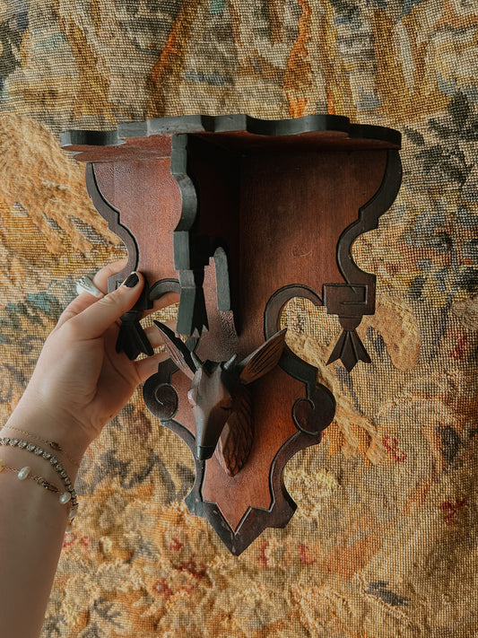 Victorian Carved Wood Shelf with Deer Motif