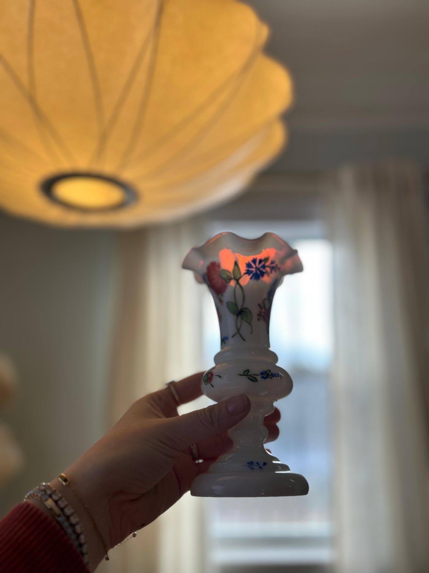 Antique Opaline Bud Vase with Hand Painted Florals