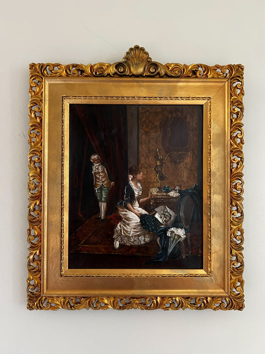 19th Century Moody Antique 1800s Genre Scene Oil Painting in Ornate Gilt Frame
