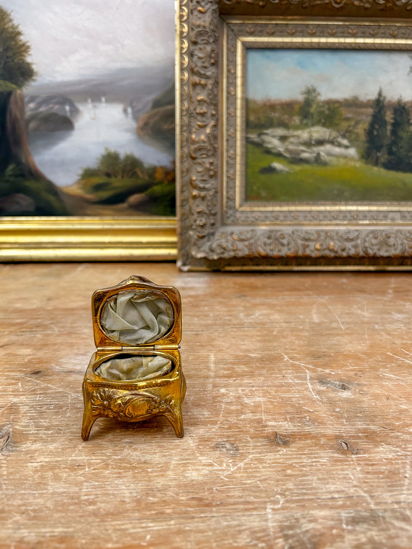 Miniature Antique French Gilt Bronze Jewelry Box on Legs