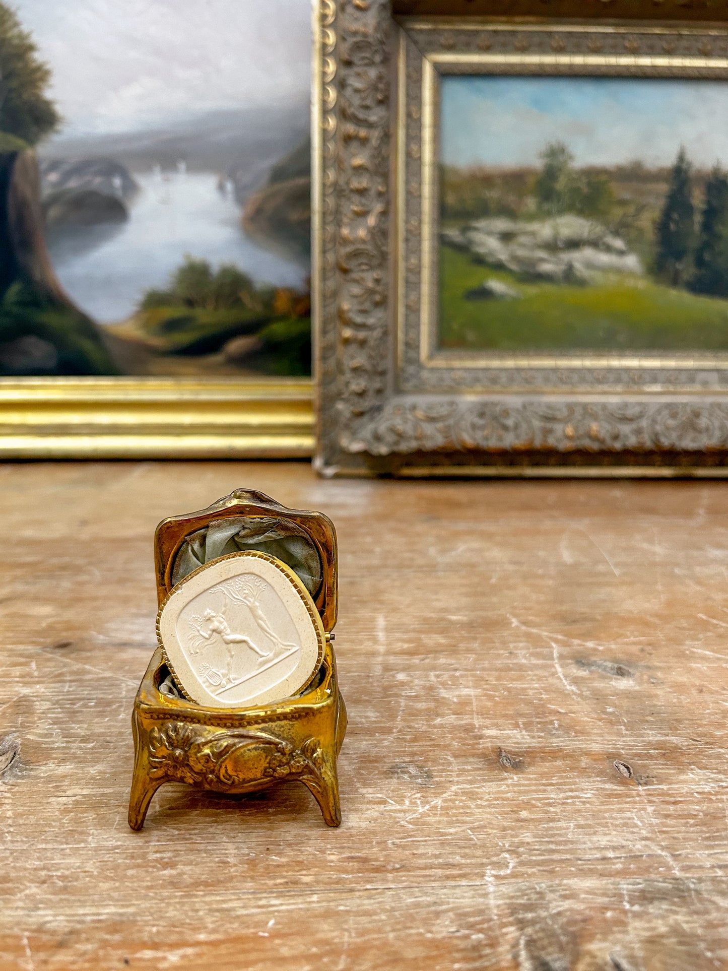 Miniature Antique French Gilt Bronze Jewelry Box on Legs