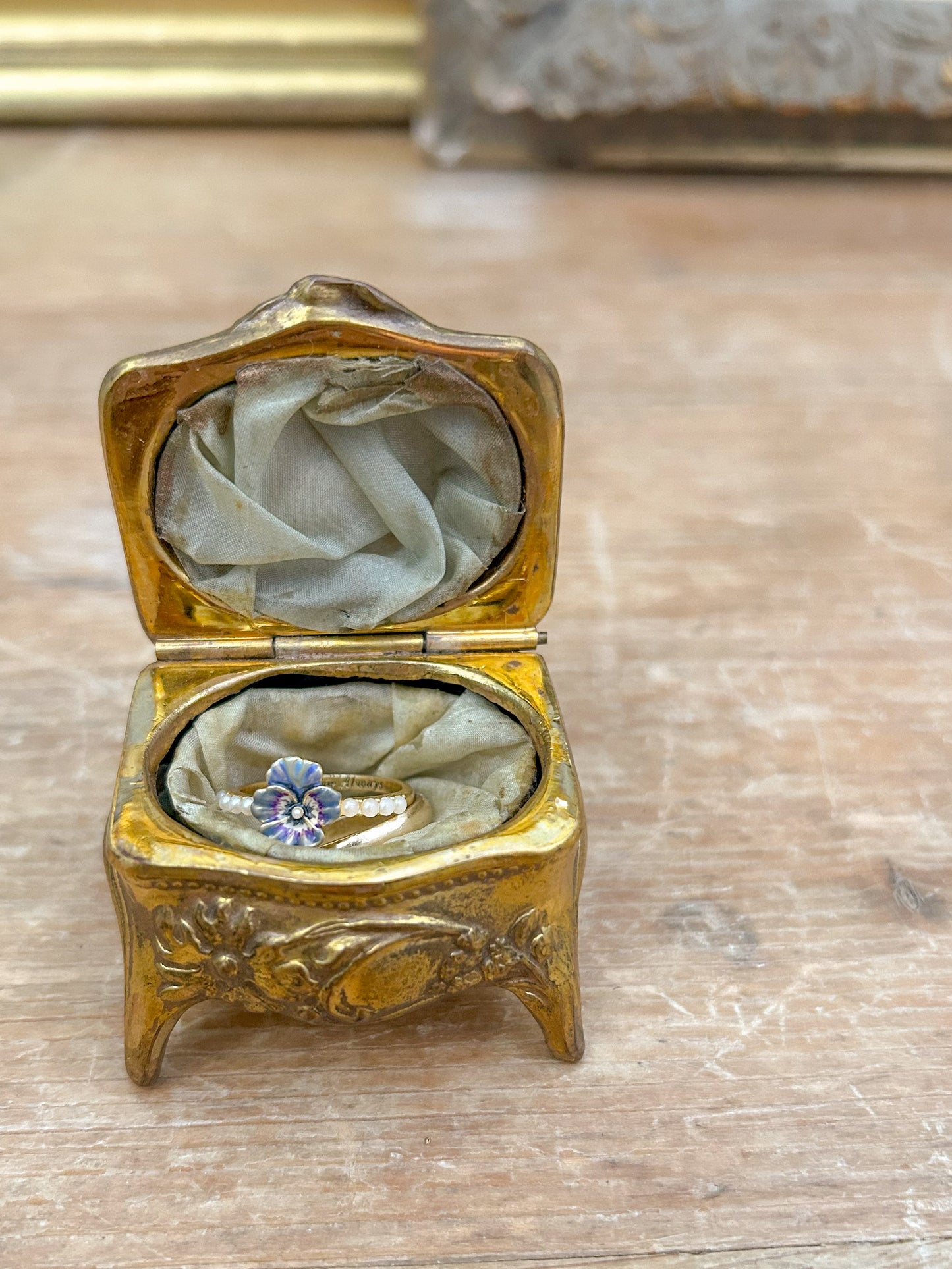 Miniature Antique French Gilt Bronze Jewelry Box on Legs
