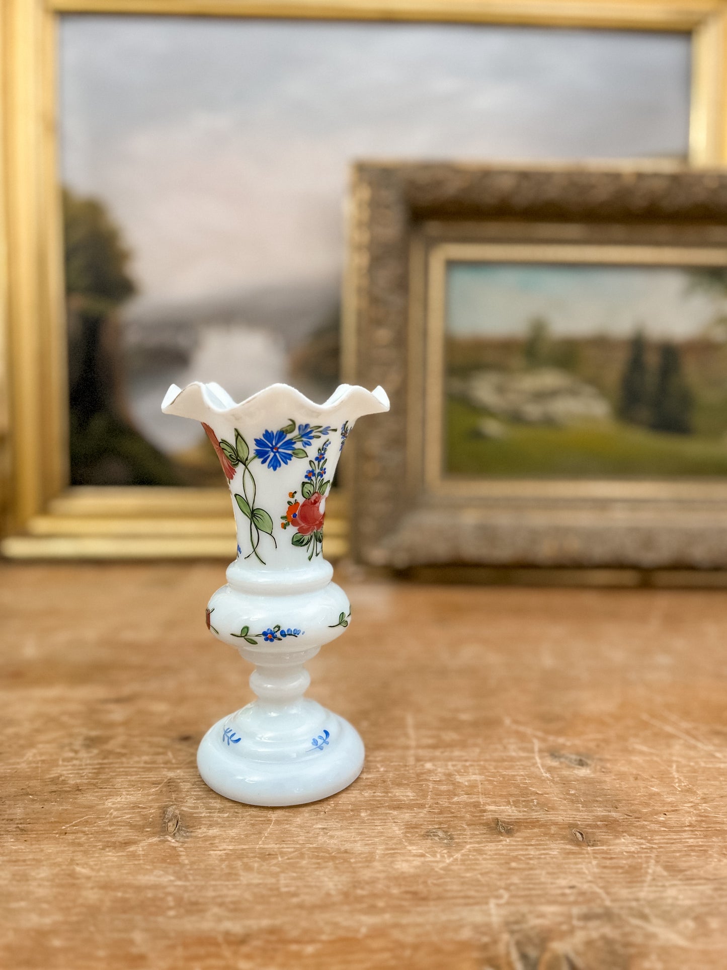 Antique Opaline Bud Vase with Hand Painted Florals