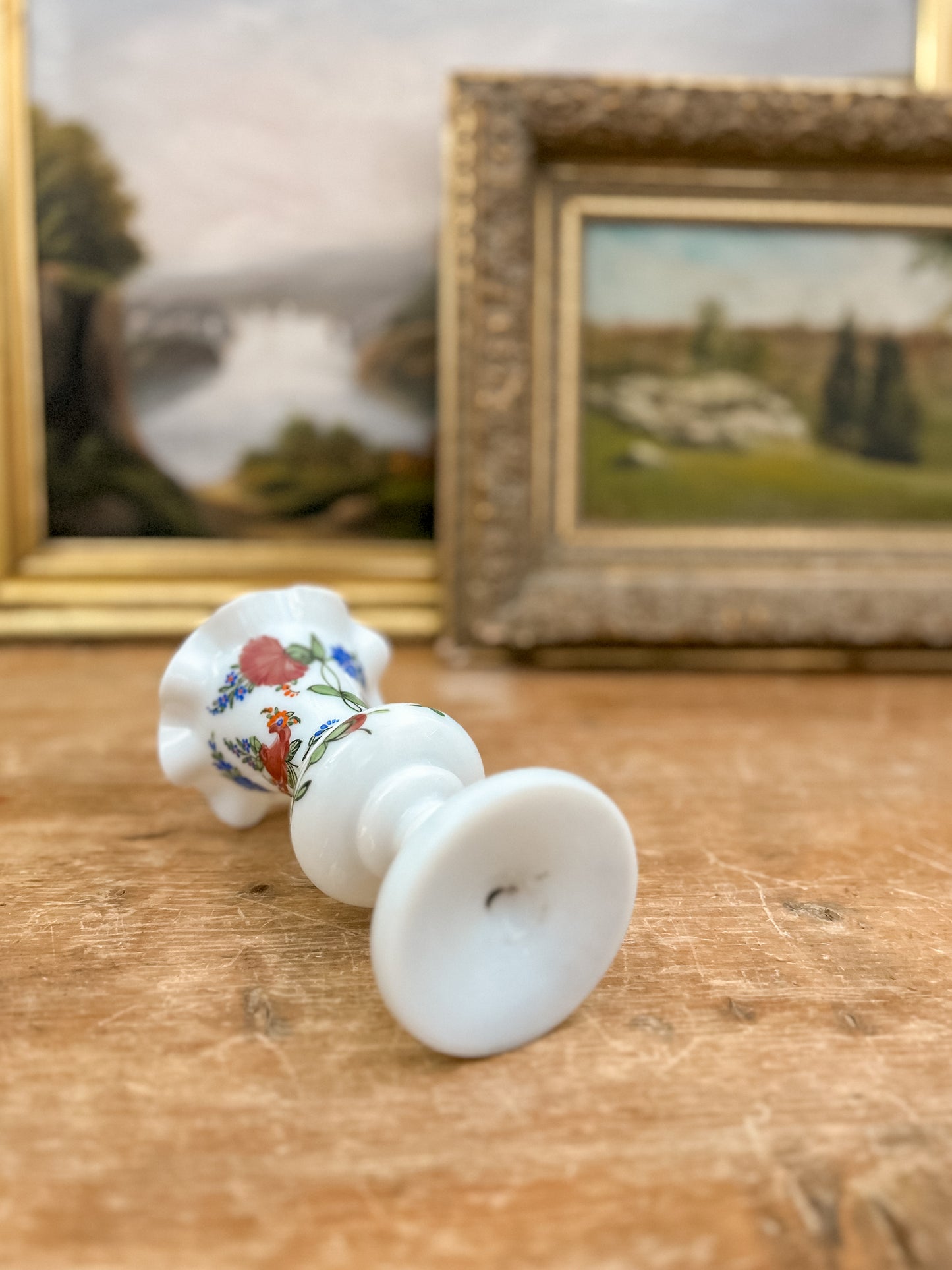 Antique Opaline Bud Vase with Hand Painted Florals