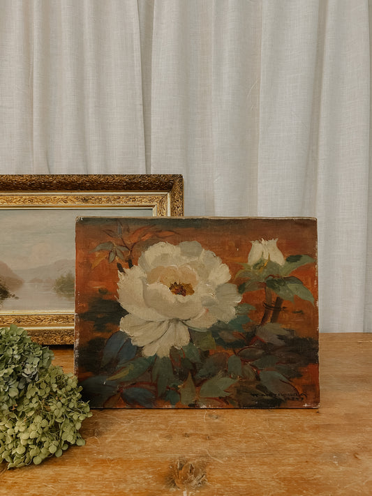 Vintage Floral Still Life of a White Peony | Oil on Canvas