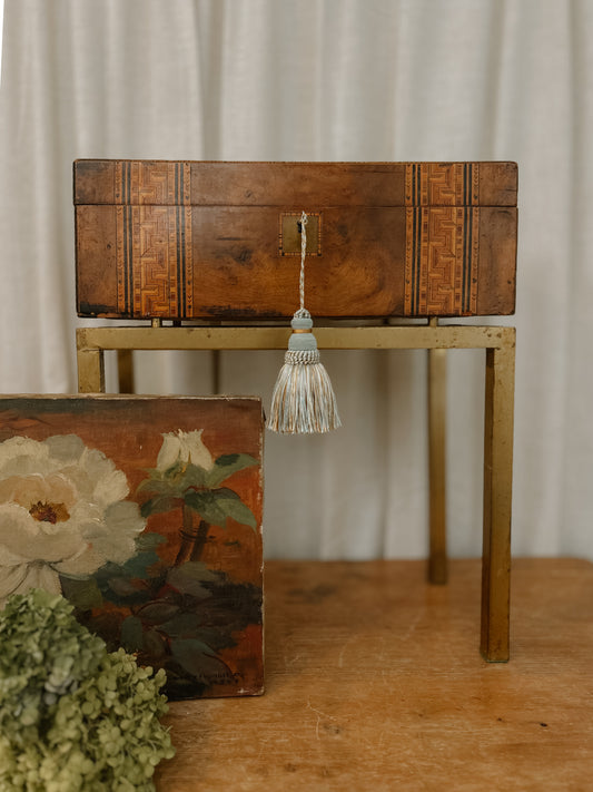 19th-Century Inlaid Tunbridge-style Writing Desk with Monogrammed Plaque on Brass Stand