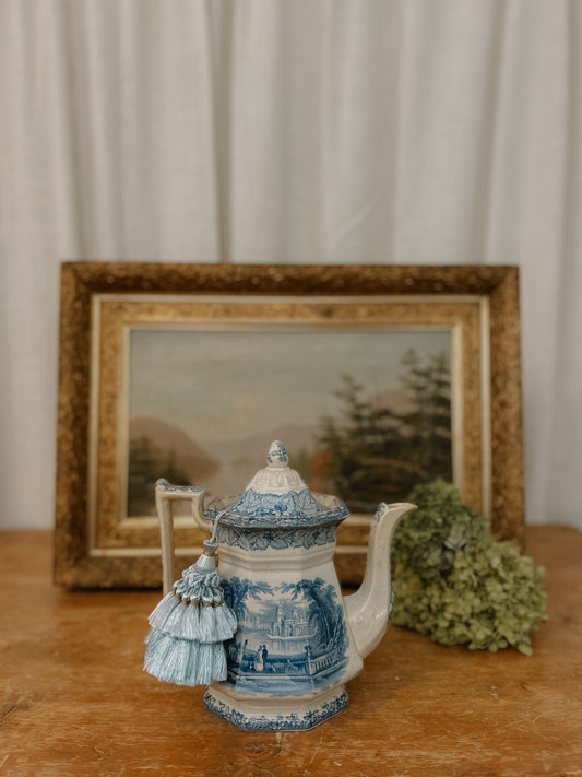 19th-Century Staffordshite Blue and White Transferware Teapot w/ Tassle