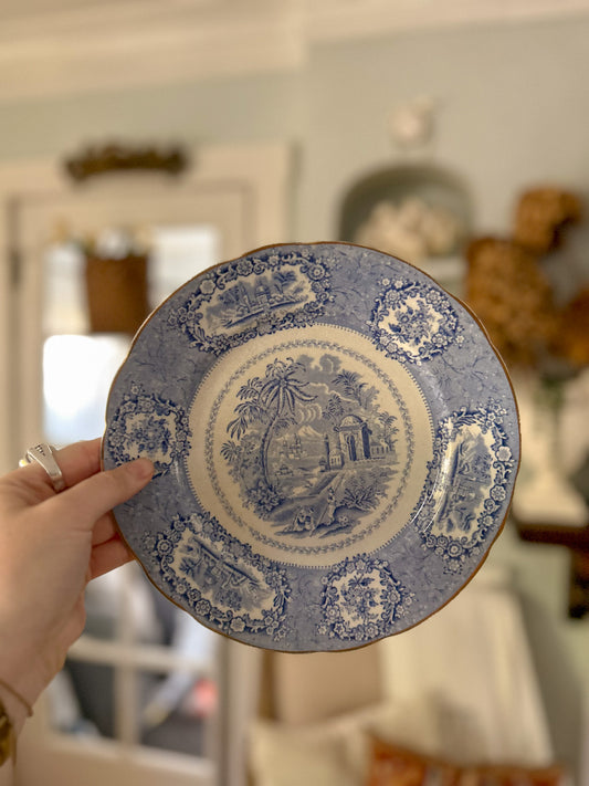 19th-Century Blue and White Transferware Plate, “Oriental” Pattern by Ridgways