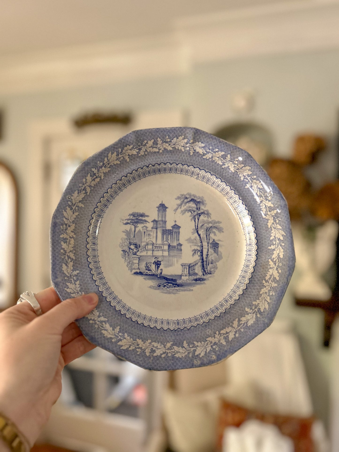 19th-Century Blue and White Transferware Plate, “Palmyra” Pattern by Jacob Furnival