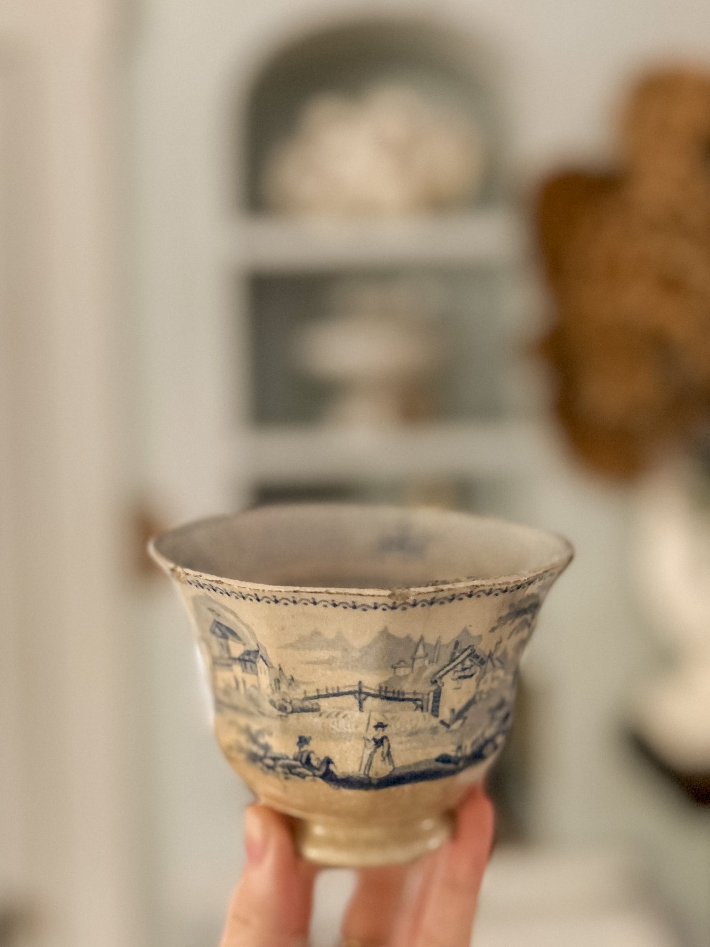 19th-Century Blue and White Transferware Tea Bowl/ Handle-less Cup