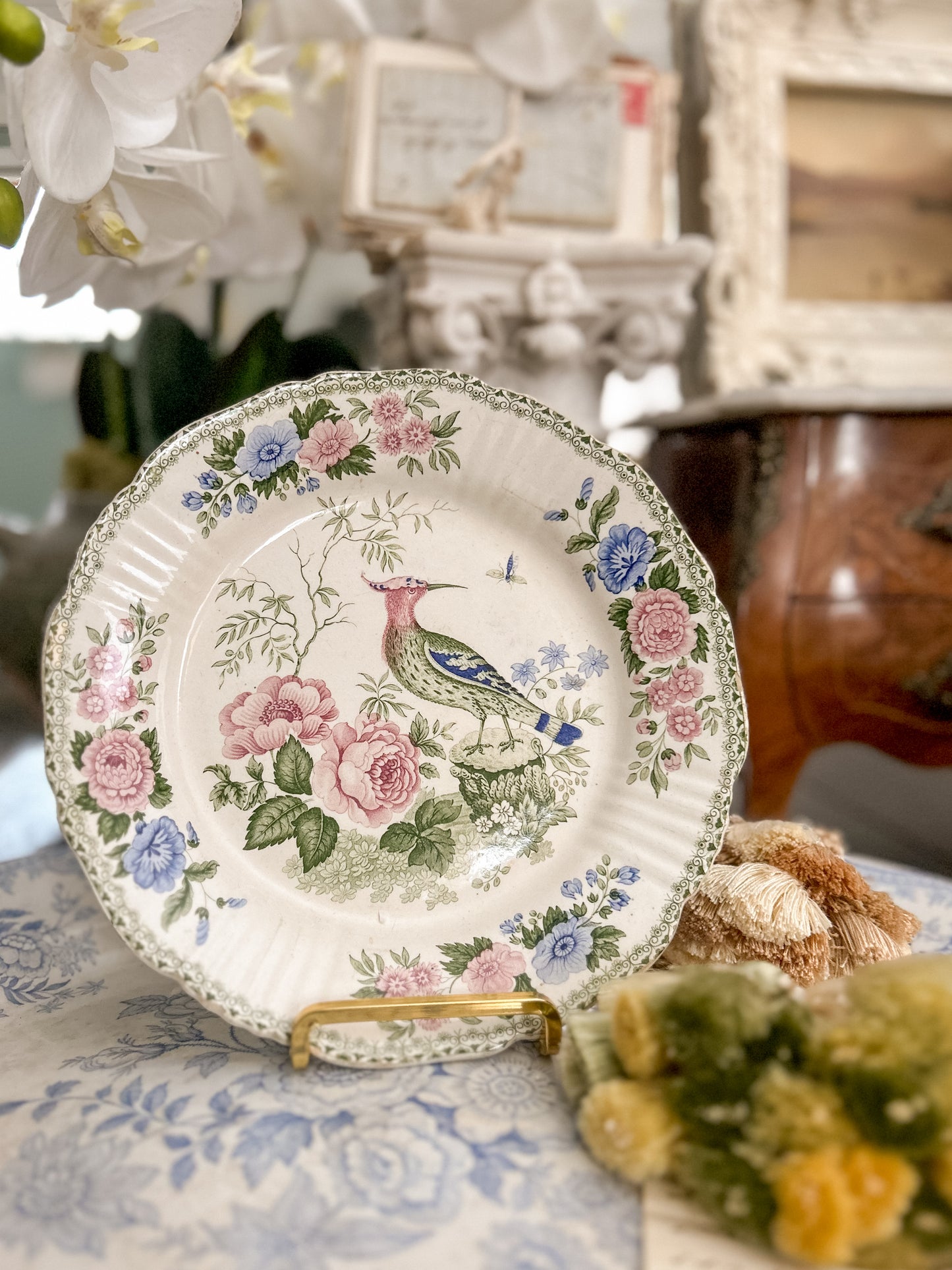 Antique English Polychrome Transferware Bird Plate