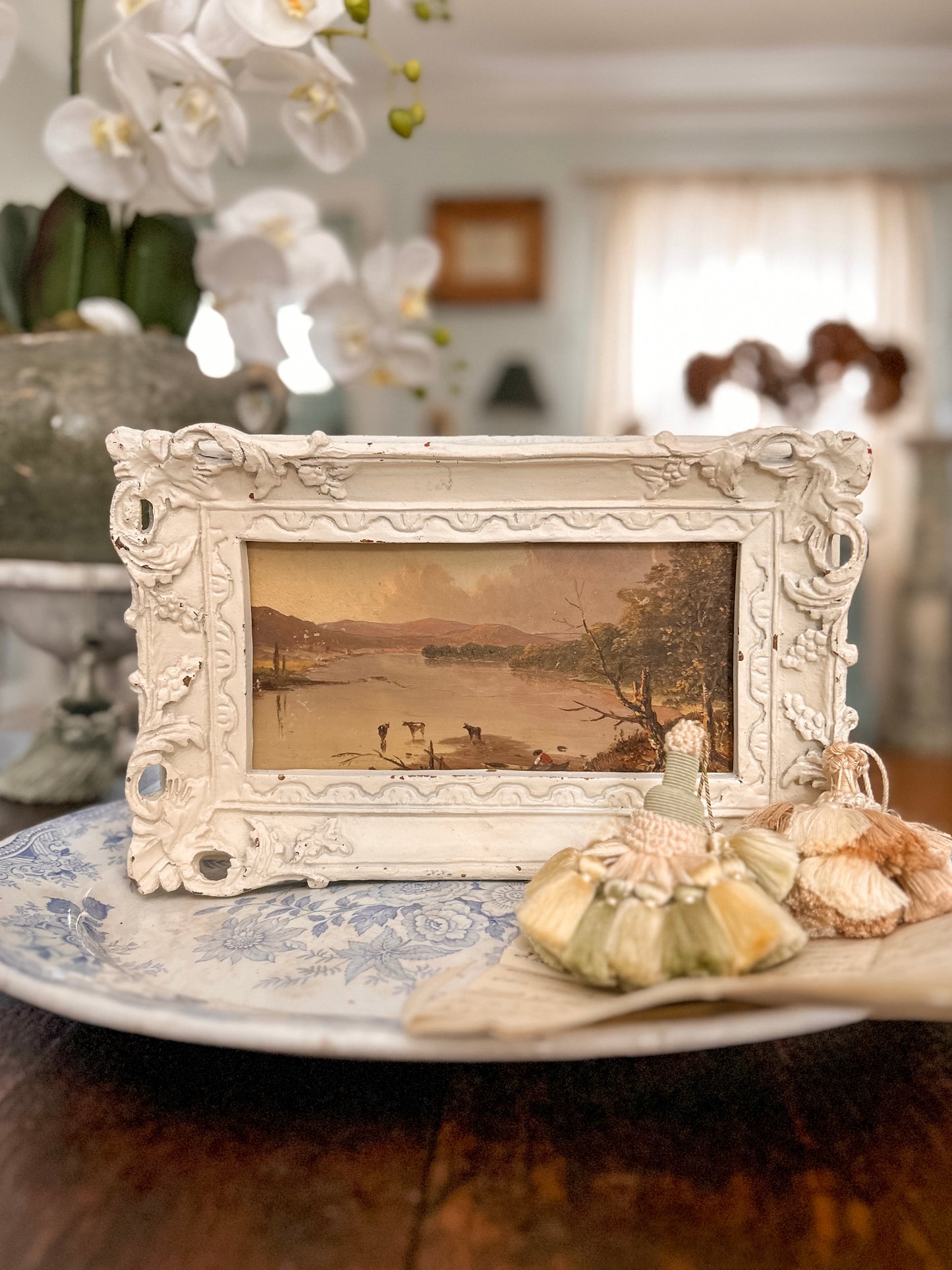 Antique Landscape | Lake | Cows Oil Painting in Ornate Gesso Frame