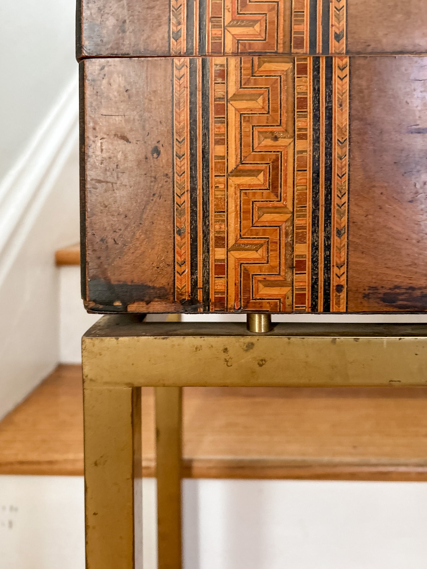19th-Century Inlaid Tunbridge-style Writing Desk with Monogrammed Plaque on Brass Stand