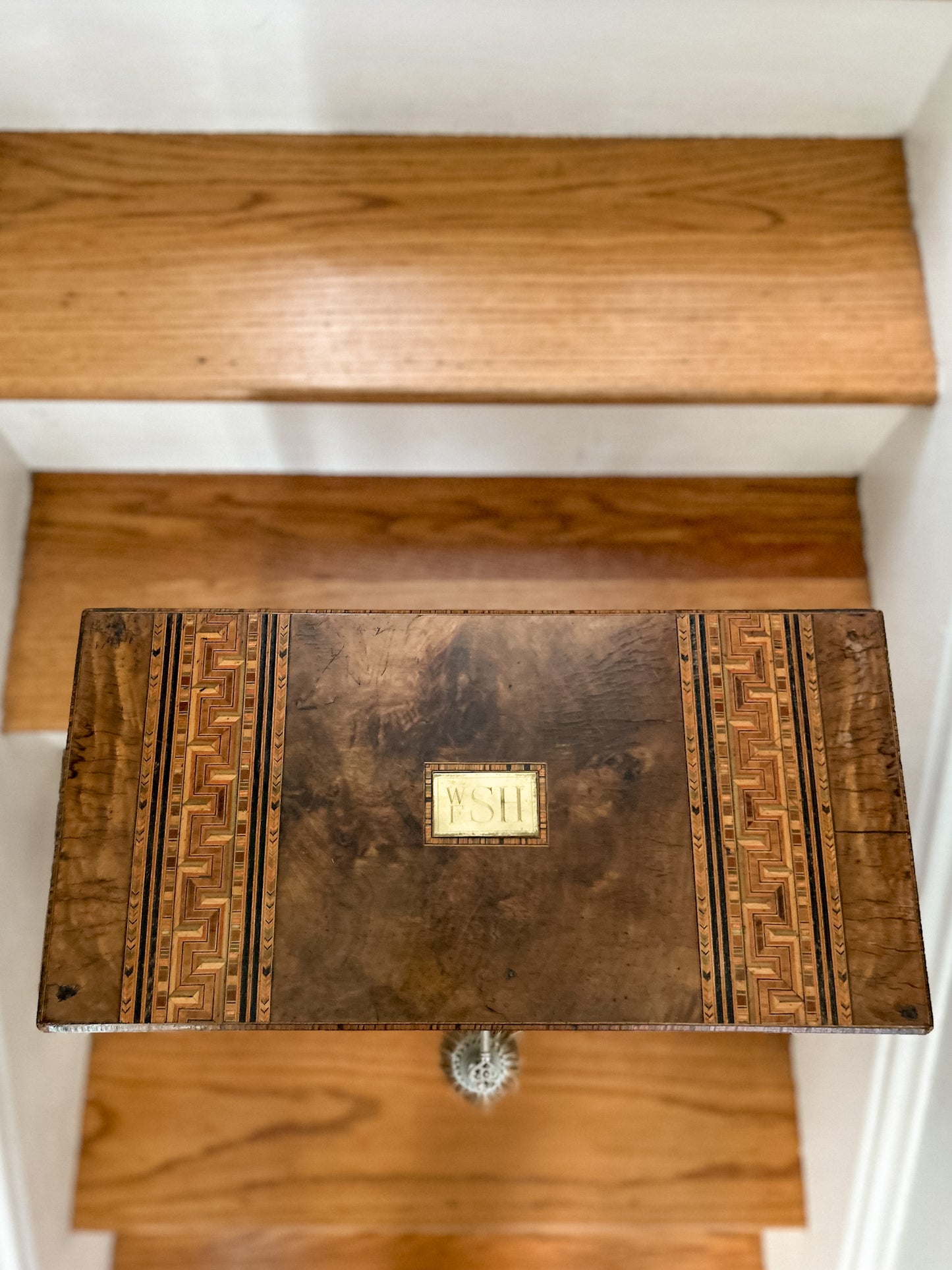 19th-Century Inlaid Tunbridge-style Writing Desk with Monogrammed Plaque on Brass Stand