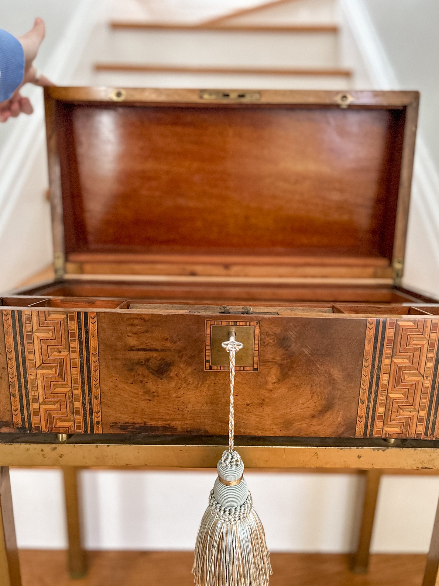 19th-Century Inlaid Tunbridge-style Writing Desk with Monogrammed Plaque on Brass Stand