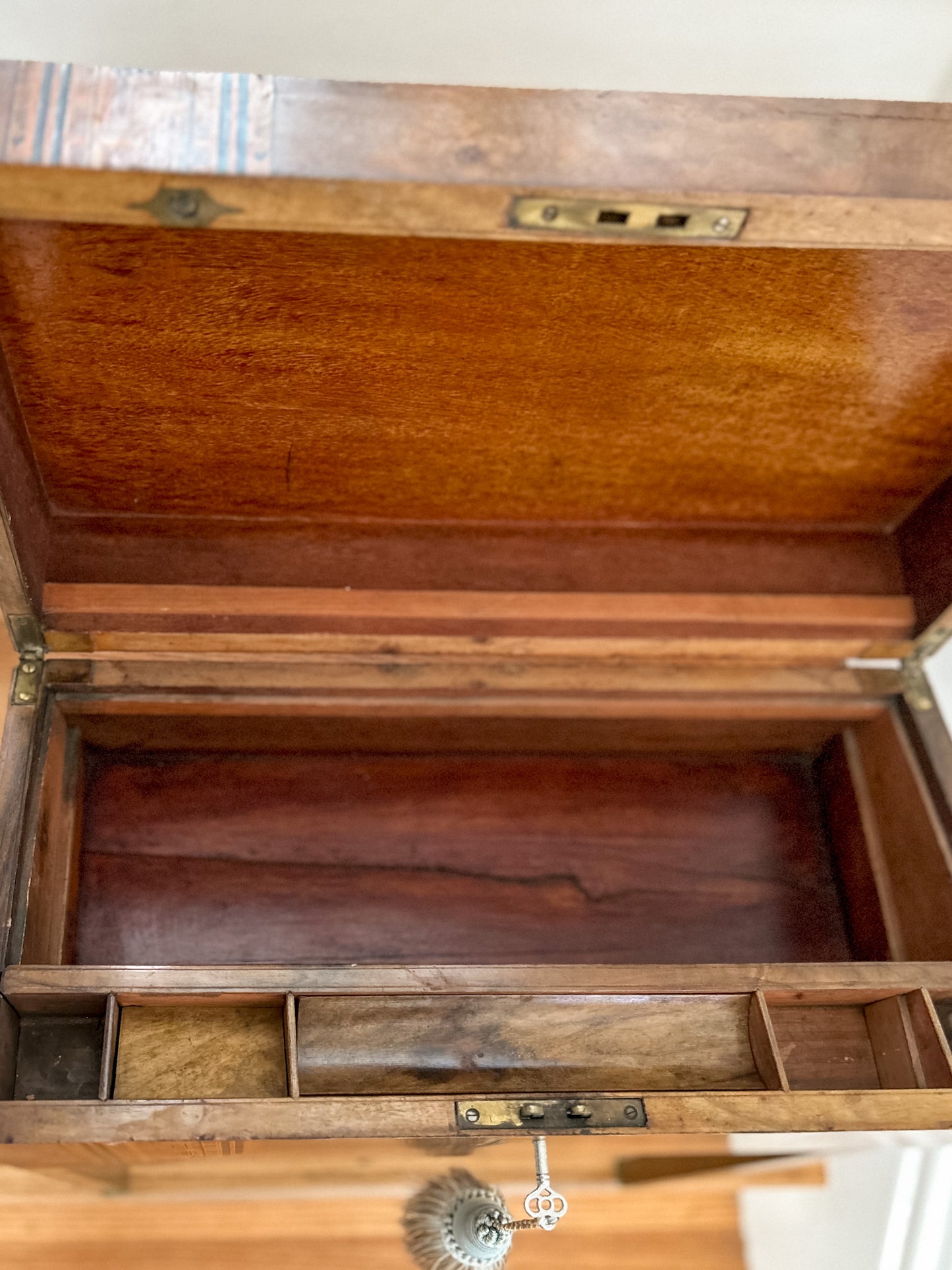 19th-Century Inlaid Tunbridge-style Writing Desk with Monogrammed Plaque on Brass Stand