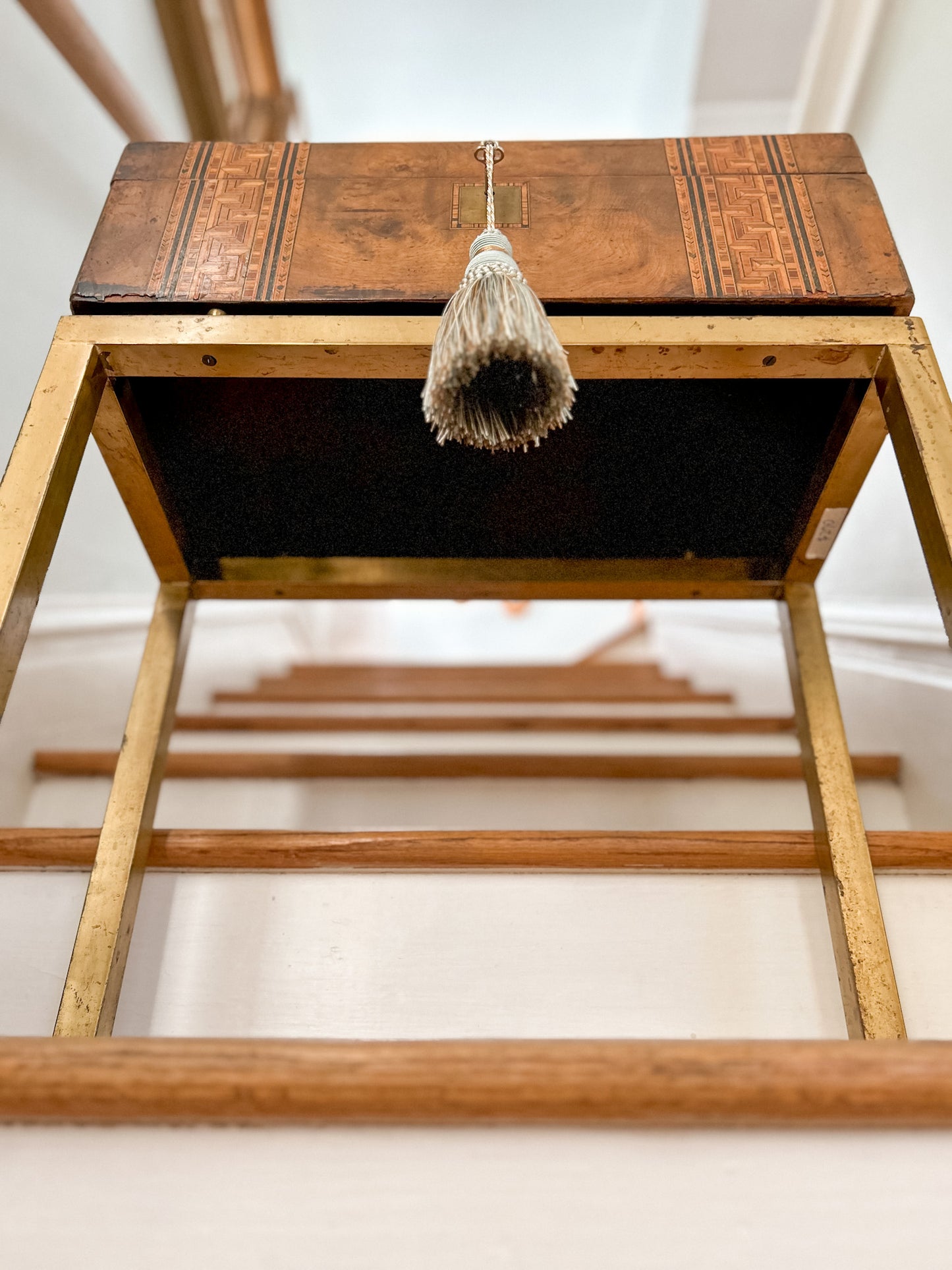 19th-Century Inlaid Tunbridge-style Writing Desk with Monogrammed Plaque on Brass Stand