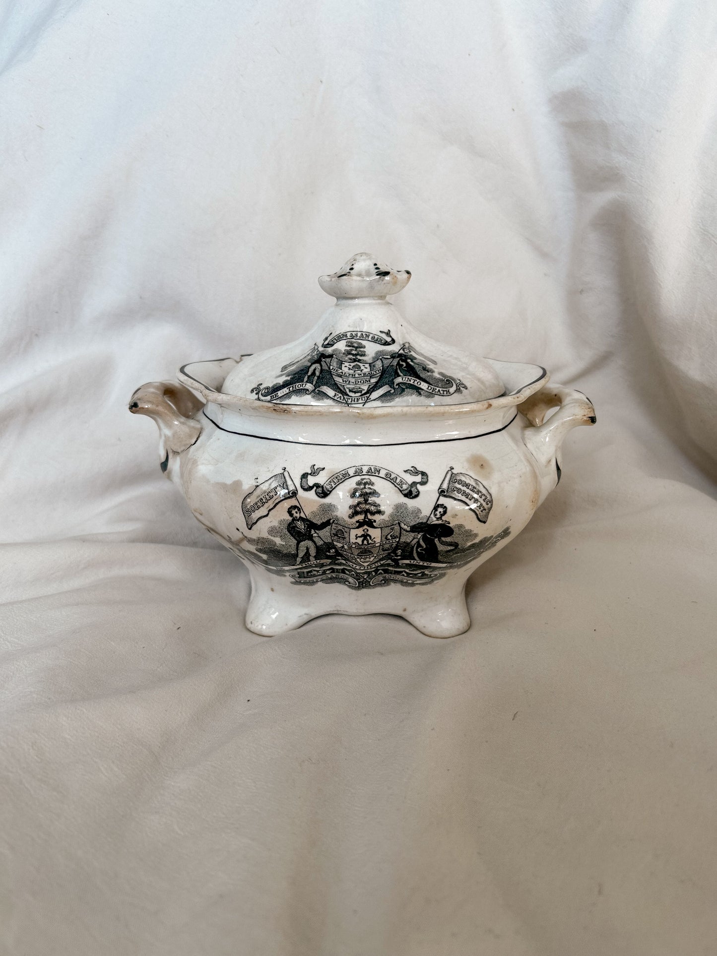 Antique Black Transferware Temperance Sugar Bowl