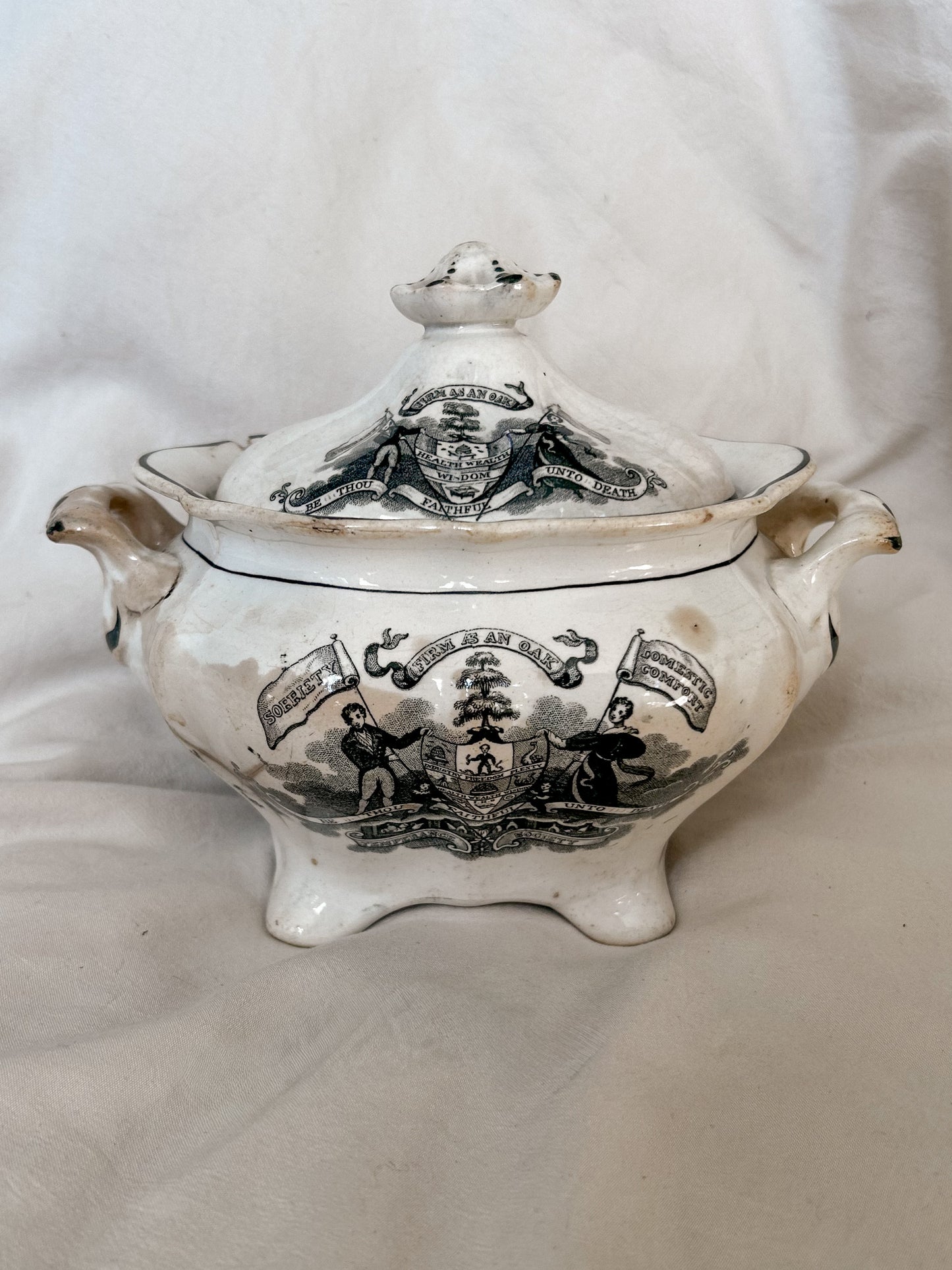 Antique Black Transferware Temperance Sugar Bowl