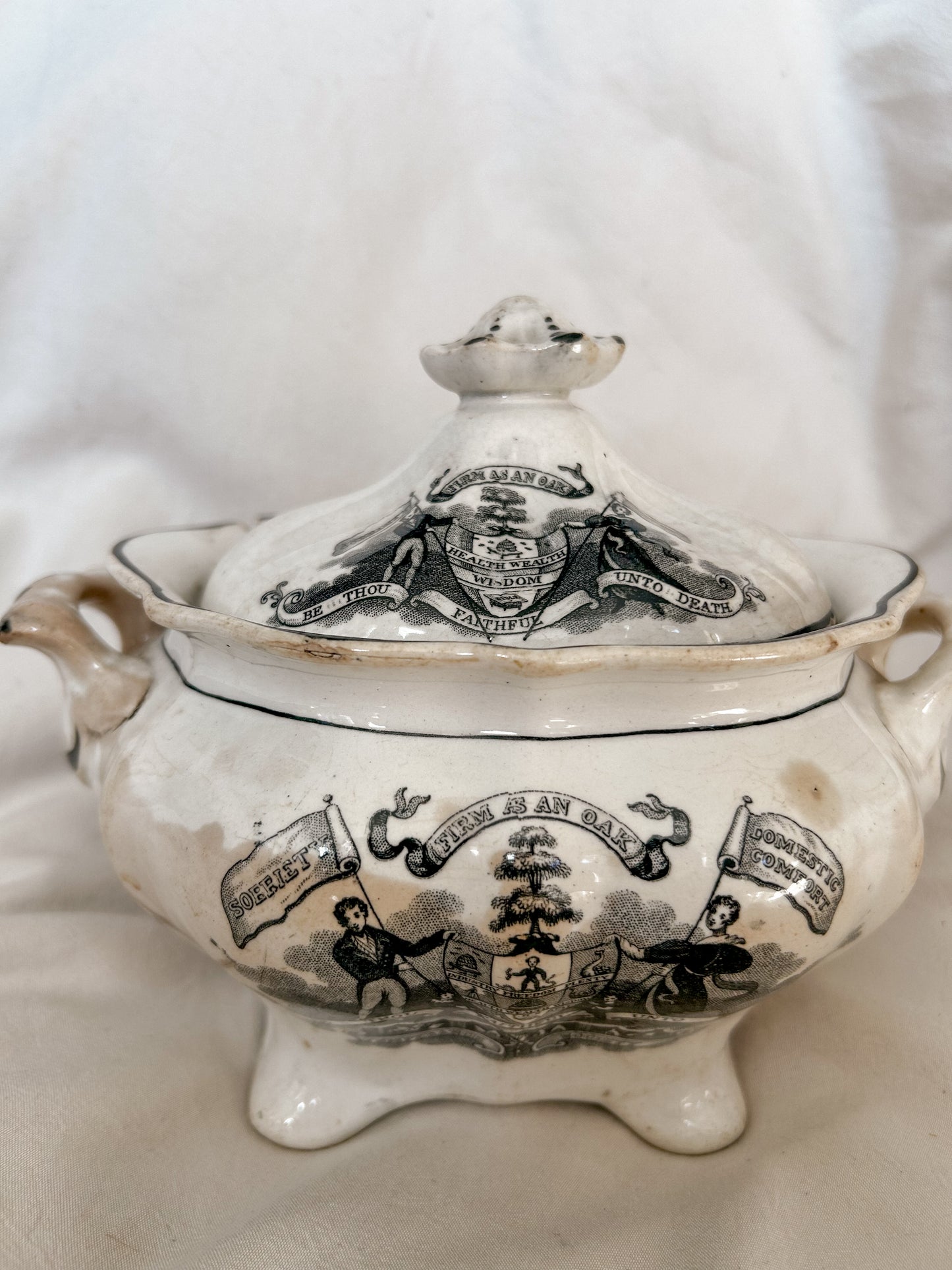 Antique Black Transferware Temperance Sugar Bowl