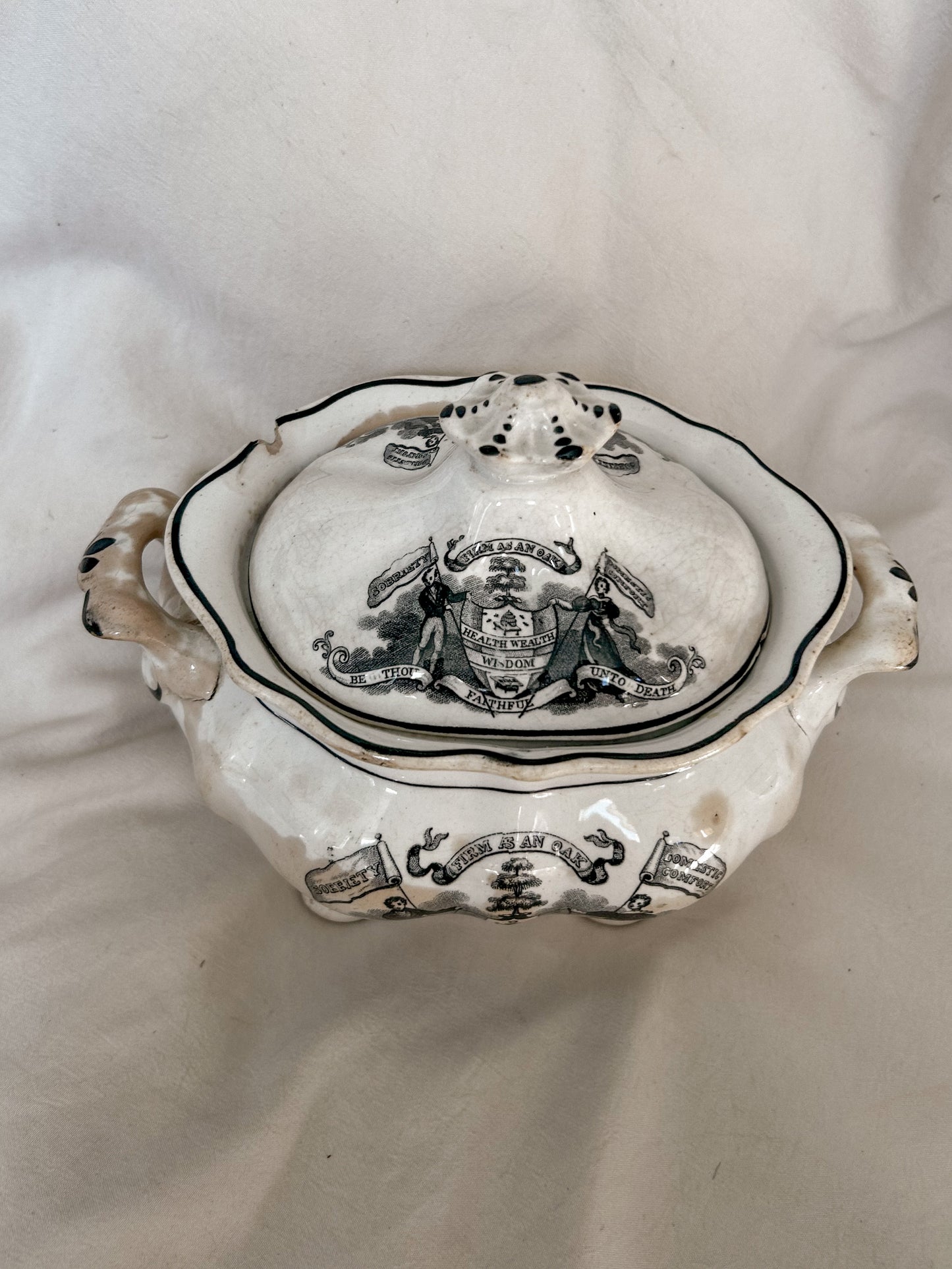 Antique Black Transferware Temperance Sugar Bowl