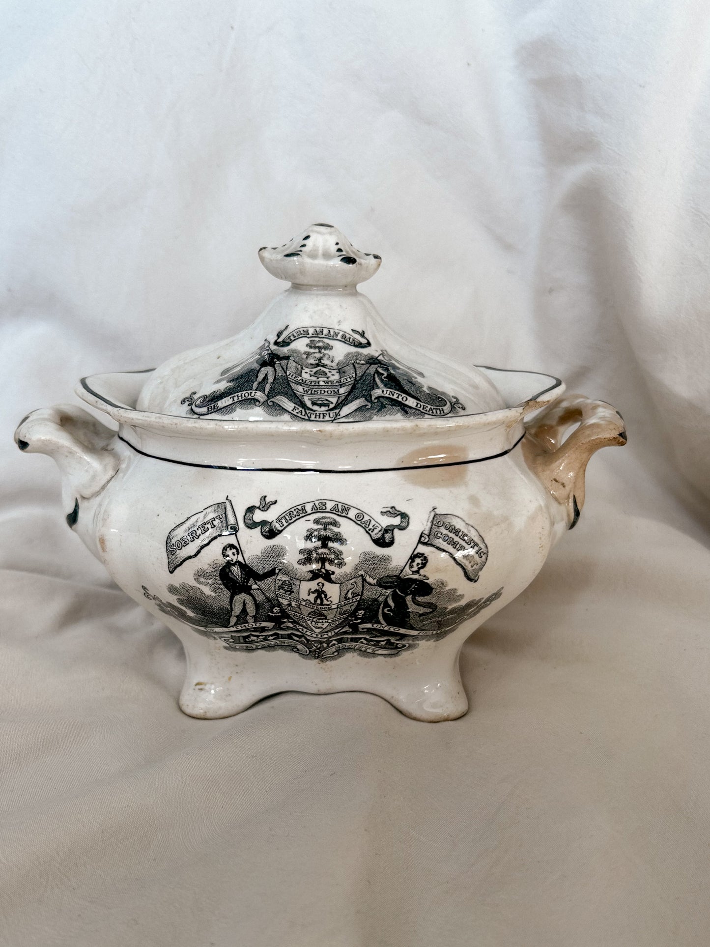 Antique Black Transferware Temperance Sugar Bowl