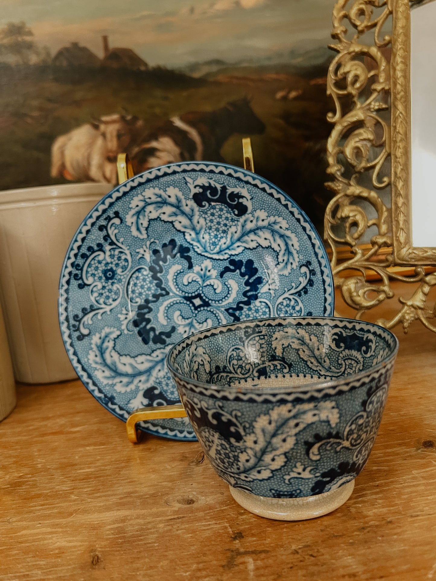 Antique English Blue and White Handless Cup and Saucer