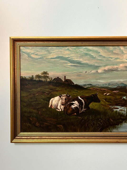 Antique Pastoral with Cows Oil on Board