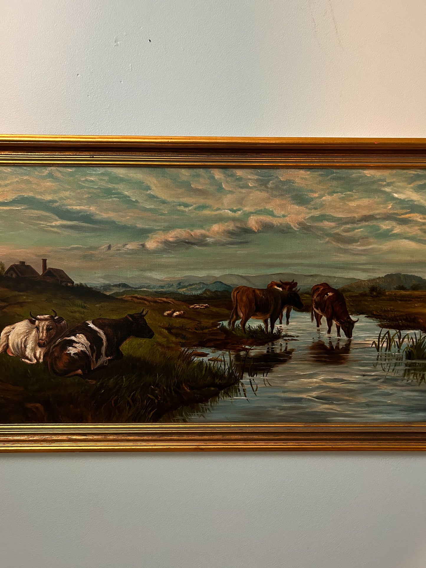 Antique Pastoral with Cows Oil on Board
