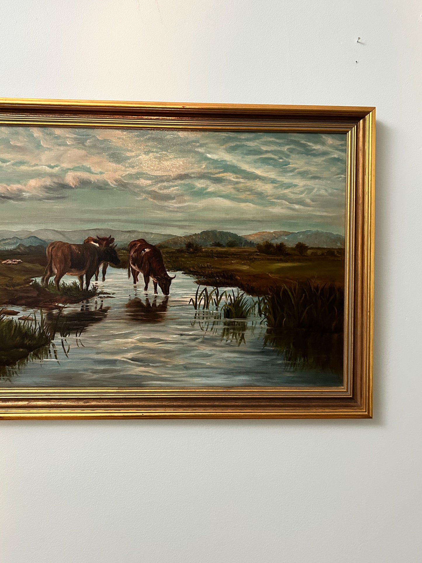 Antique Pastoral with Cows Oil on Board
