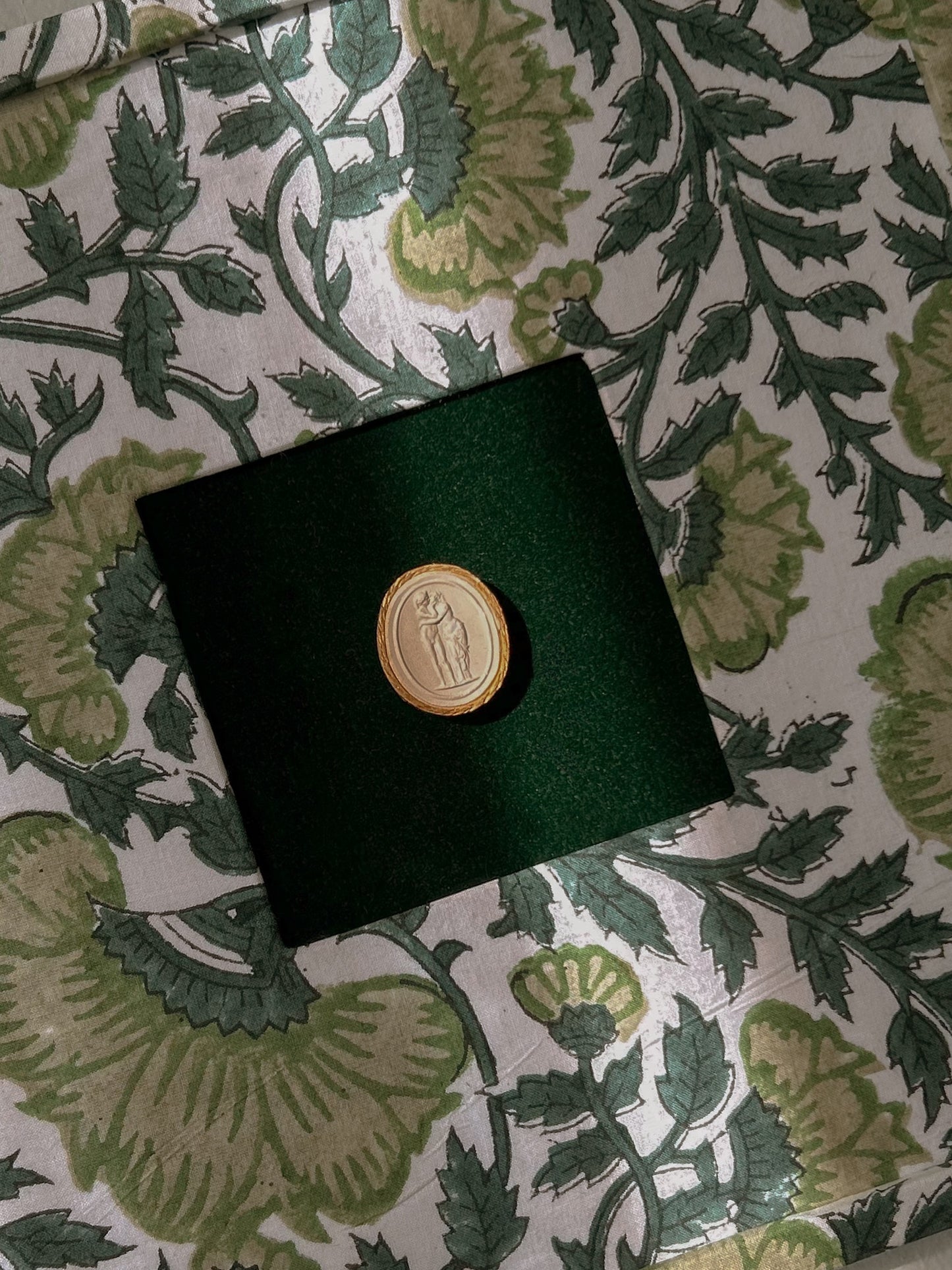 Set of Four Antique Grand Tour Intaglios on Bespoke Framed Botanical Fabric