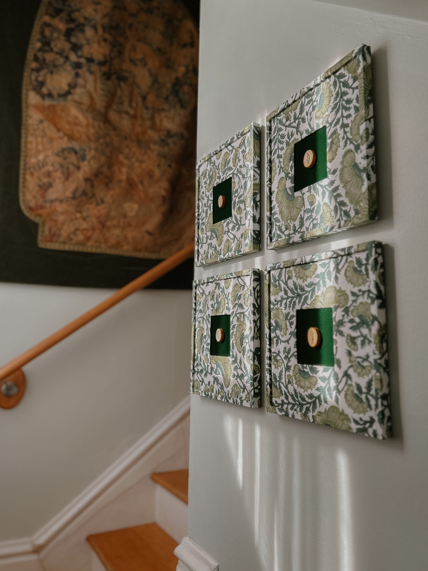 Set of Four Antique Grand Tour Intaglios on Bespoke Framed Botanical Fabric