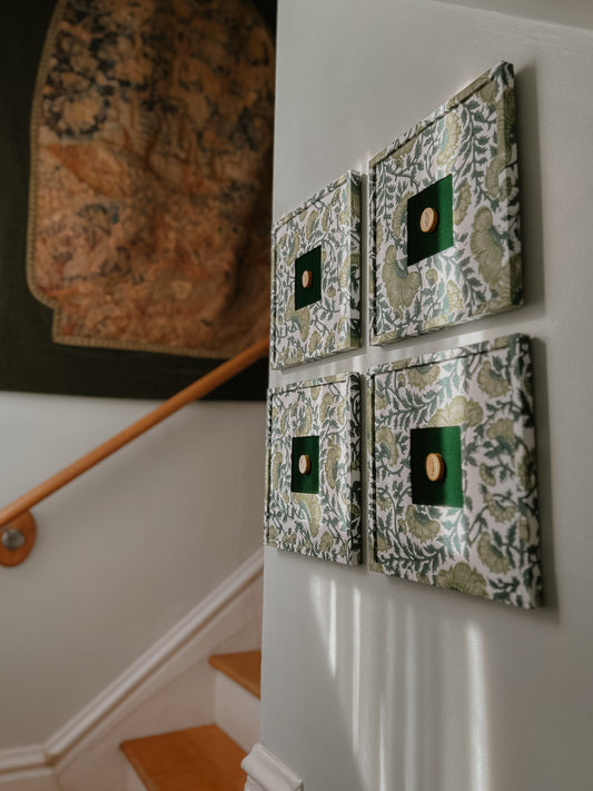 Set of Four Antique Grand Tour Intaglios on Bespoke Framed Botanical Fabric